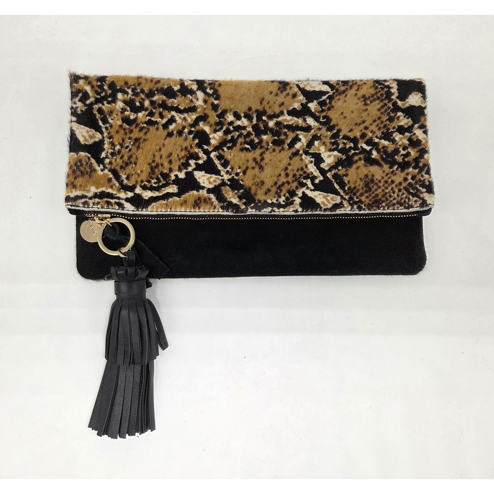 Clare V Foldover Snakeskin Print Suede & Calfhair Clutch